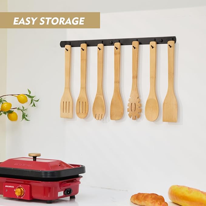 7 Pcs Wooden Spoons for Cooking, Natural Bamboo Utensil Set for Nonstick Pans & Cookware, Non Toxic, Easy Clean, Lightweight & Heat Resistant