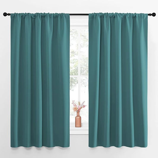 NICETOWN Kitchen Window Curtain Set - Window Treatment Thermal Insulated Solid Room Darkening Rod Pocket Drapes for Bedroom (Sea Teal, Set of 2, 52 by 63 inches Long)