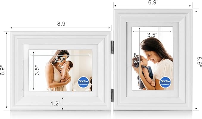 5X7 Double Wooden Hinged Picture Frame Horizontal and Vertical in White, Display 4x6 with Mat or 5x7 without Mat, Folding Photo Frame with Real Glass Front for Tabletop X2-BAI-HS57