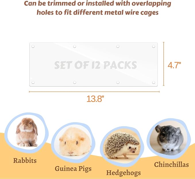 12 Pcs Clear Cage Guard, 13.8"x4.7" Scatter Guard for C&C Cages | Flexible Cage Liner with Zip Ties & Personalized Letter Stickers, Fits Rabbit Guinea Pig, Metal Wire Playpen, Cage Accessory