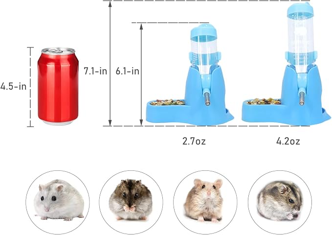 3 in 1 Hamster Hanging Water Bottle Pet Auto Dispenser with Base for Dwarf Hamster Mouse Rat Hedgehog (125ML, Blue) (Pack of 2)