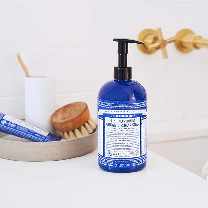 Dr. Bronner's - Organic Sugar Soap (Peppermint, 24 Ounce) - Made with Organic Oils, Sugar & Shikakai Powder, 4-in-1 Uses: Hands, Body, Face & Hair, Cleanses, Moisturizes & Nourishes, Vegan