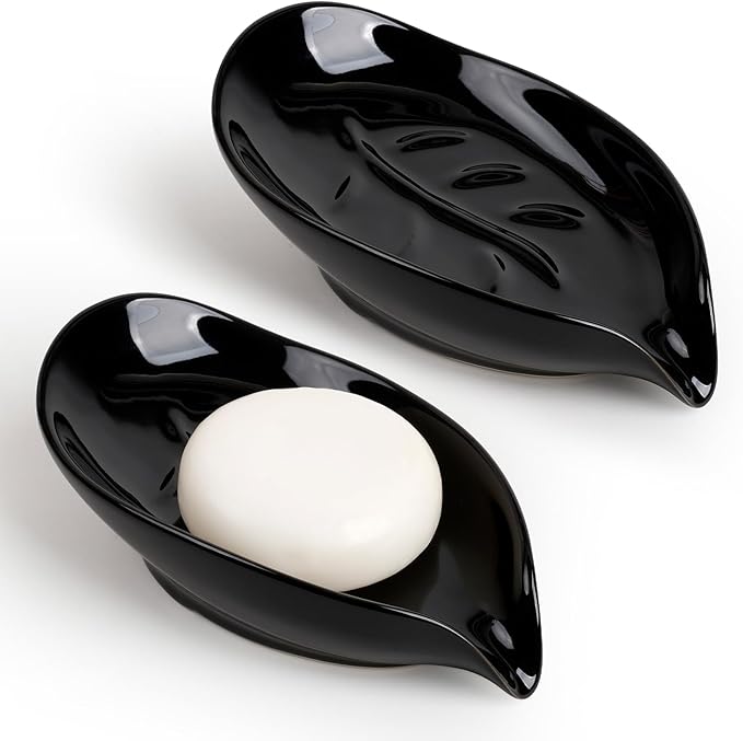Soap Dish, Self Draining Soap Dishes 2PCS, Leaf Shape Ceramic Bar Soap Holder Drain Soap Dishes for Bathroom Sink Kitchen, Easy to Clean Keeps Soap Dry, Black, ANTIS'S HOME