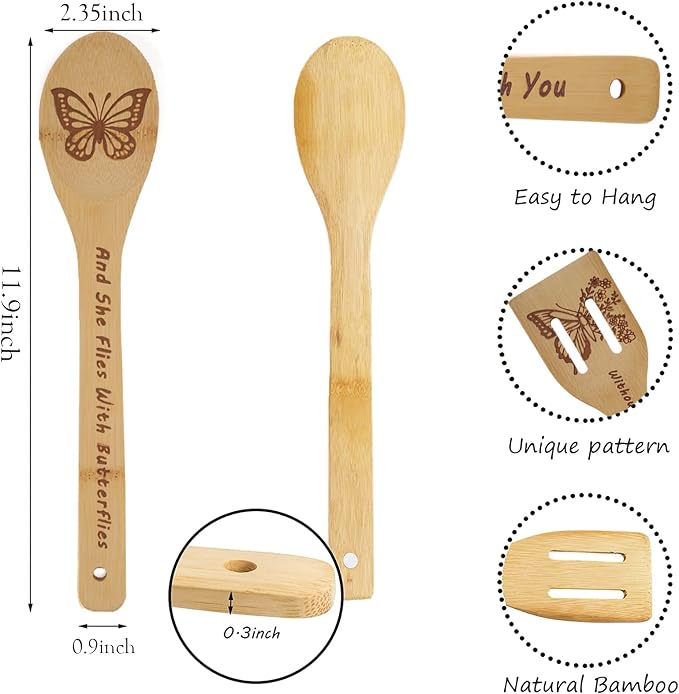 Butterfly Wooden Cooking Spoons Set of 5 Bamboo Cook Spoons | Butterfly Kitchen Decor Farmhouse Housewarming Wedding Mom Cooking House Closing Father's Day for Butterflies Lovers