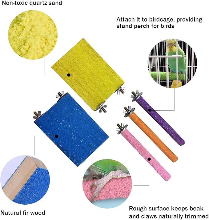 5pcs Bird Perch Stand Platform Natural Wood Parakeet Toys Cage Accessories | Colorful Rough Quartz Sand Surface, Thickened Exercise Paw Grinding Stick for, Budgies, Cockatiel, Lovebirds, Finch, Canary
