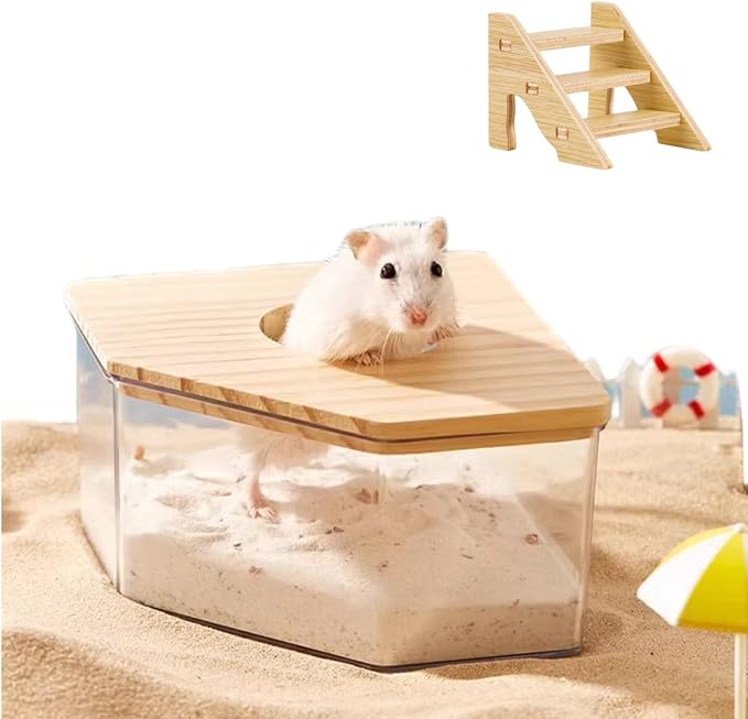 MANON ROSA Small Animal Sand Bath Box with Climbing Ladder - Geometric Shape Transparent Acrylic Shower Room Pet Digging Sand Container - Suitable for Hamsters Mice Lemmings Gerbils (Large,Polygon)