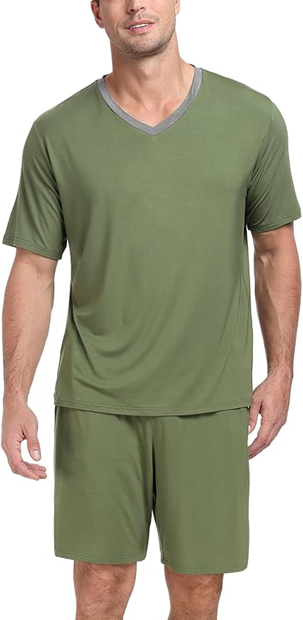 PrinStory Men's Pajama Set Sleepwear Pjs Lightweight Quick Dry Short Sleeve V-Neck Shirts and Shorts Soft Comfy Sleep Sets