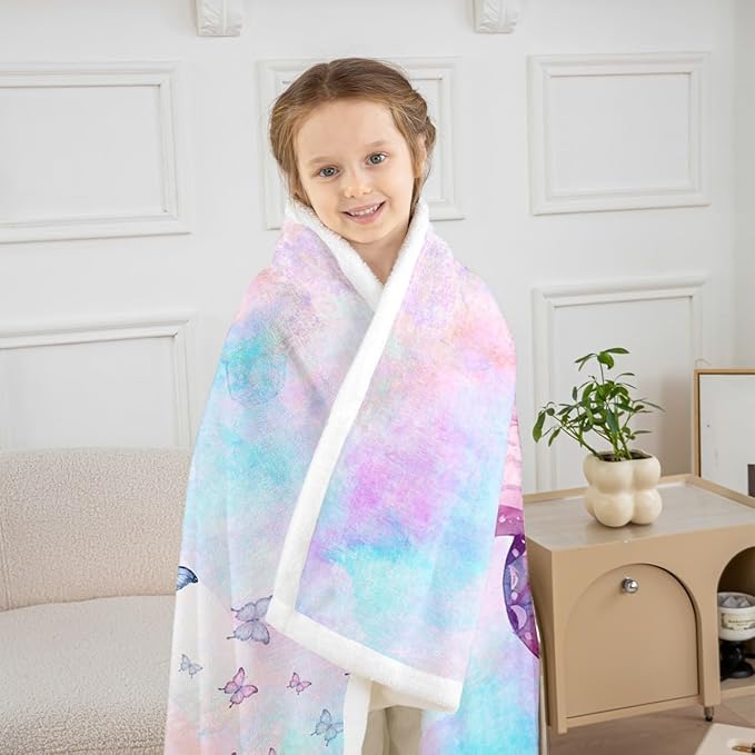 Feelyou Girls Gorgeous Butterflies Fleece Throw Blanket Queen 90"x90" Kids Purple Blue Tie Dye Sherpa Blanket Plush Fuzzy for Bed Couch Chair Living Room, Butterflies Lover Bed Blanket Room Decor