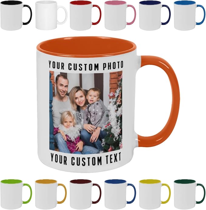 Personalized Coffee Mug with Photo, Logo or Text - Customized Gift Idea for Men & Women, Mom, Dad, Friends - Christmas Birthday Valentines Gifts, Party Favors Tea Cup - White/Orange