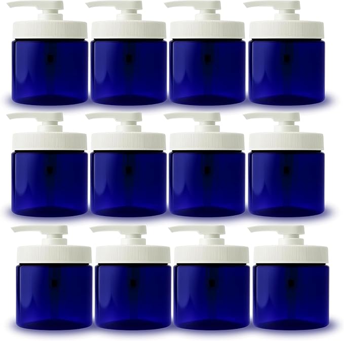 Royal Massage 16oz Refillable Pump Jar with Locking Dip Tube Dispenser – BPA-Free Plastic Container for Massage Oils, Lotions, Creams – Ribbed Lid Wide-Mouth Jar – Durable & Reusable (Blue/White, 12)