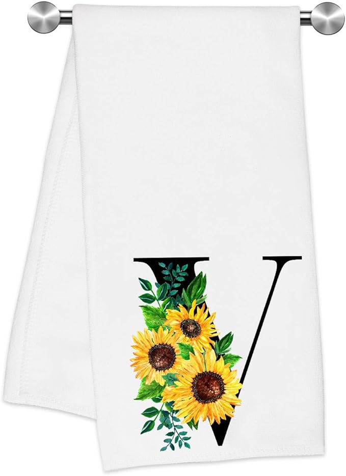 Monogrammed Sunflower Hand Towels,Ini-tial V Tea Towel Letter Kitchen Towels,Sunflower Gifts for Women,Monogram Dish Towel 17x23 Inch,Kitchen Bathroom Decorative Ini-tial Gifts for Mom Wife