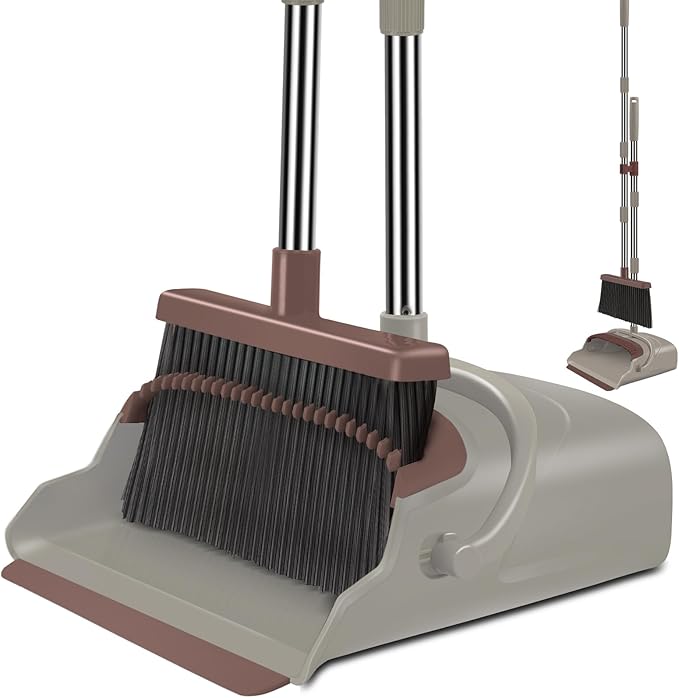 kelamayi Upgrade Broom and Dustpan Set, Self-Cleaning with Dustpan Teeth, Ideal for Dog Cat Pets Home Use, Super Long Handle Upright Stand Up Broom and Dustpan Set (Brown)