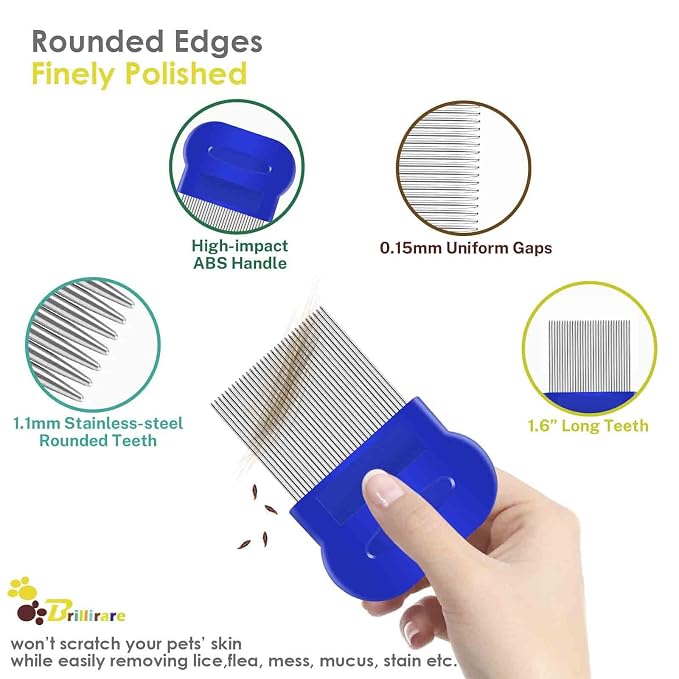 4 Pack Flea Lice Comb, Stainless Steel Dog Cat Grooming Combs with Rounded Teeth, Double Sided Professional Pet Tear Stain Remover, Dematting Tool for Small, Medium & Large Pets