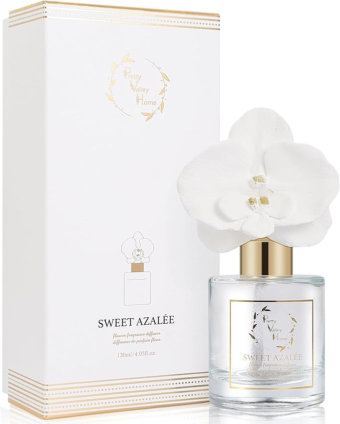 Reed Diffuser Set, Pretty Valley Home Diffuser Gypsum White Orchid Flower Oil 120Ml / 4.05fl OZ Gift Box for Bathroom Office Bathroom Living Room Decor, Long Lasting Fragrance (Sweet Azalee)