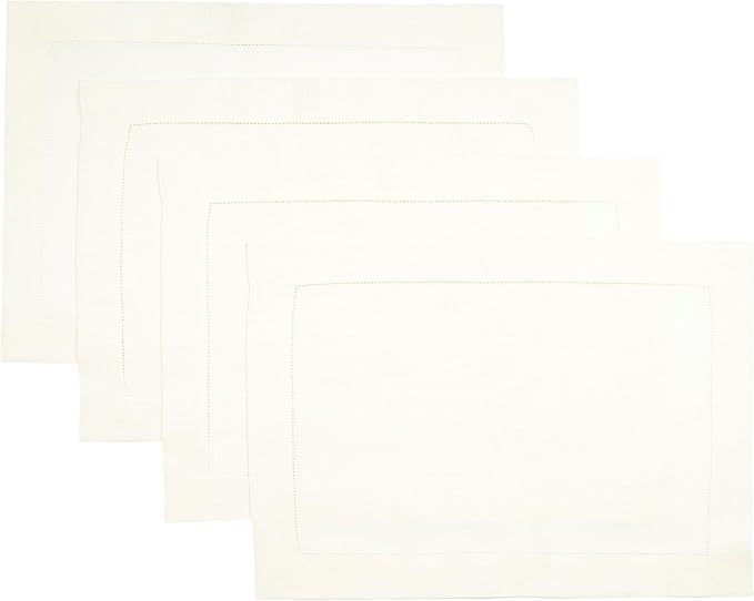 D'Moksha Homes Linen Placemats Set of 4 - Classic Hemstitch Ivory Placemats 14 x 19 Inch - 100% Pure Linen Table Mats for Fall, Thanksgiving, Christmas, Holiday - Handcrafted and Machine Washable