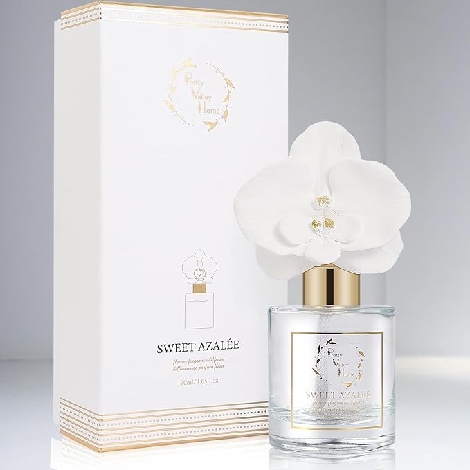 Reed Diffuser Set, Pretty Valley Home Diffuser Gypsum White Orchid Flower Oil 120Ml / 4.05fl OZ Gift Box for Bathroom Office Bathroom Living Room Decor, Long Lasting Fragrance (Sweet Azalee)