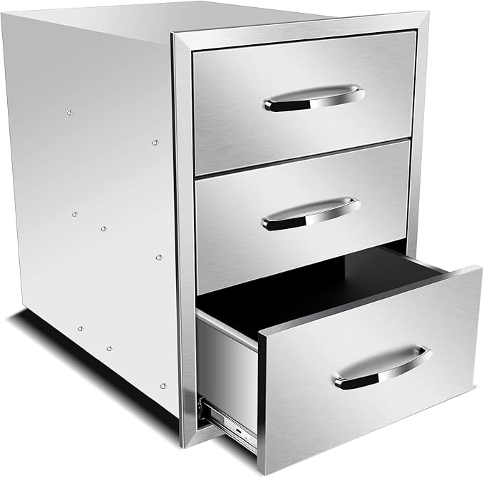 Outdoor Kitchen Drawers Stainless Steel 18W X 24H X 23D Inch, Flush Mount Triple BBQ Island Drawers with Handle for Outdoor Kitchens, Patio or Grill Station