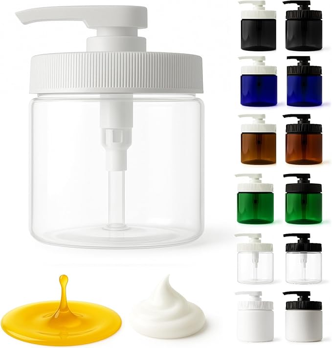 Royal Massage 16oz Refillable Pump Jar with Locking Dip Tube Dispenser – BPA-Free Plastic Container for Massage Oils, Lotions, Creams – Ribbed Lid Wide-Mouth Jar – Durable & Reusable (Clear/White, 1)