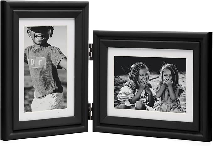 Vertical & Horizontal 5X7 Picture Frames Double Hinged Wood Folding Photo Frames with Real Glass Front Fit for Desktop or Tabletop Display Pictures 4x6 with Mat or 5x7 Without Mat, Black