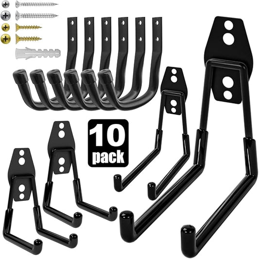 Heavy Duty Wall Garage Hooks, Steel Anti-Slip Utility Hooks Storage Organization Hangers for Ladders, Bikes, Hose, Garden Tools, Coats, Bags with Mounting Hardware Kit (Black, 10 Pack)