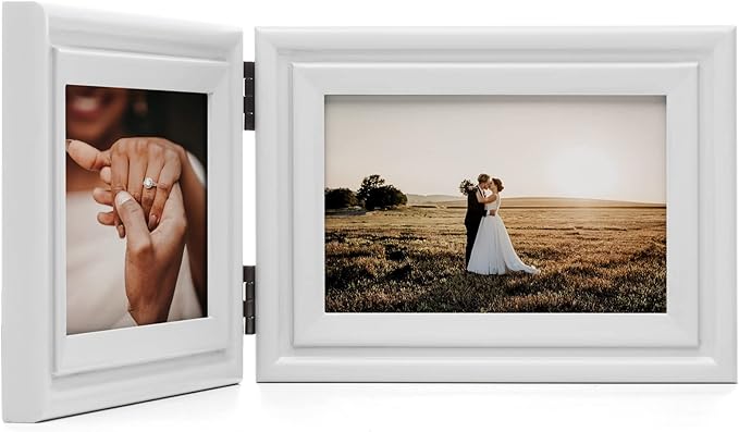 Horizontal 4X6 Picture Frames Double Hinged Wood Folding Photo Frames with Real Glass Front Fit for Desktop or Tabletop, White XBAI-H64X2