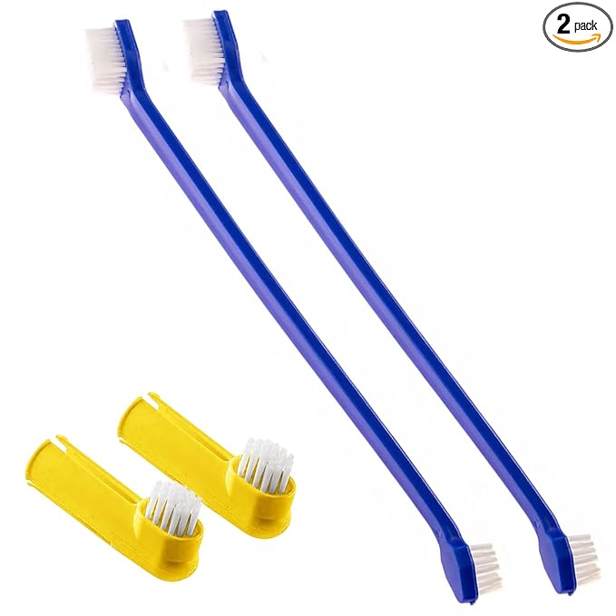 SunGrow Dog & Ferret Toothbrush Set of 4, 2 Long Dual-Headed and 2 Finger Brush, Blue and Yellow, Puppy, Cat, and Small Breed Dog, 9-Inches and 2.5-Inches