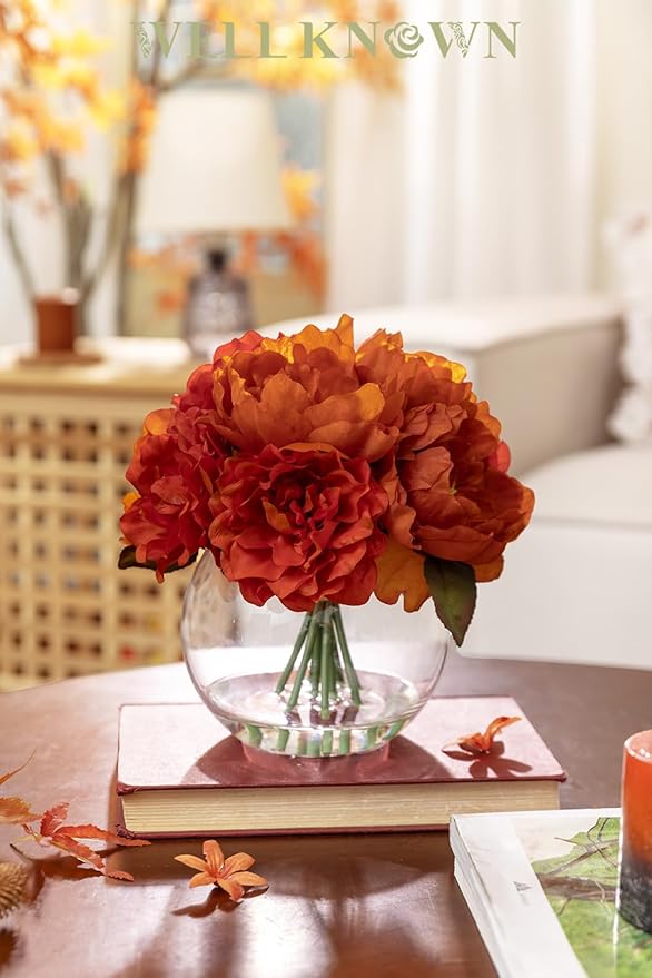 WELL KNOWN Artificial Flowers in Vase, Silk Peonies Flowers for Vase with Faux Water, Burnt Orange Fake Flower Arrangements for Thanksgiving Fall Winter Dinning Table Centerpieces Party Decor