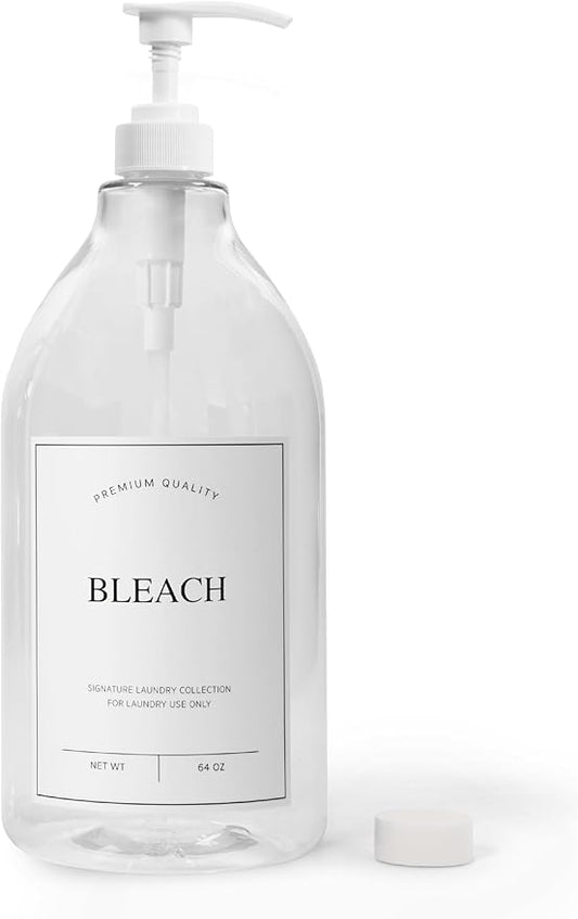 Calindiana Modern Farmhouse Bleach Liquid Laundry Detergent Dispenser for Laundry Room Decor and Organization, PET Plastic Landry Soap Containers with Water Resistant Label, Clear 64oz