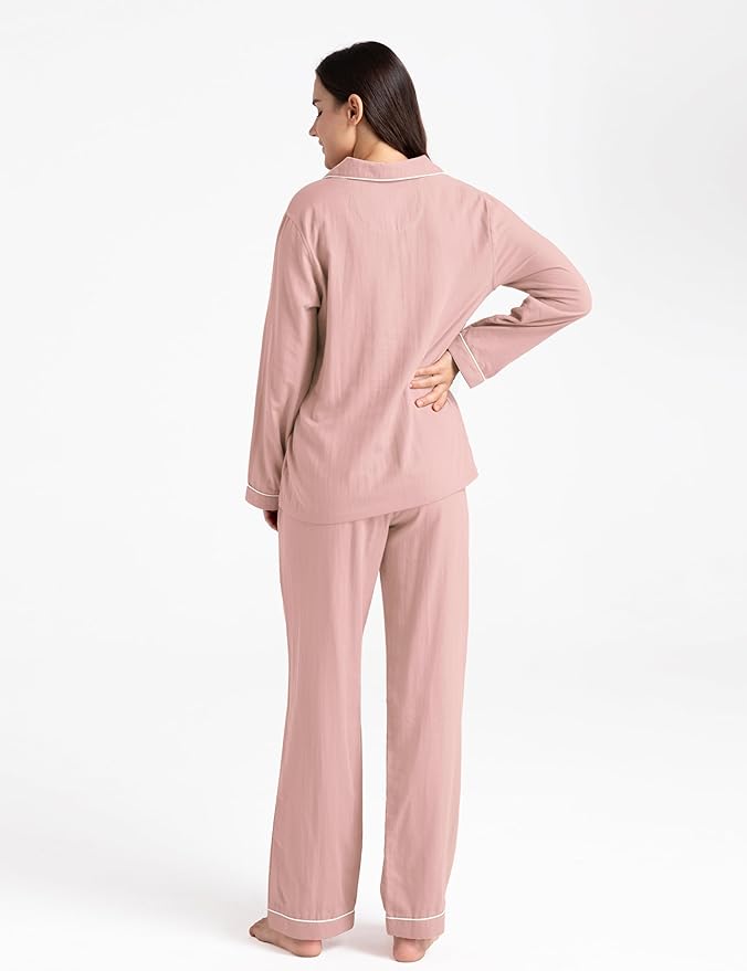 Womens Pajama Sets 100% Double Gauze Cotton Linen Like Muslin Pajamas Long Sleeve Button Down Sleepwear Soft Pjs Lounge Set