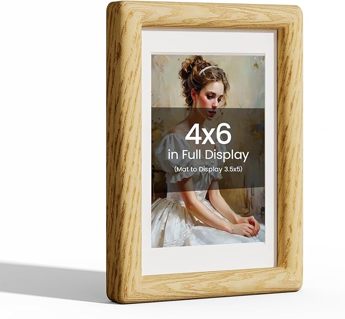 4x6 Picture Frame Natural Oak Wood From California-USA with Real Tempered Glass, Handcrafted 4 x 6 Photo Frame Matted to 3.5 x 5 Wedding Photo,Family Picture,Graduation Picture Display on Table & Wall