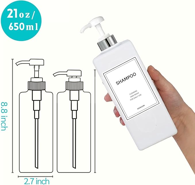 Modern Silver Shampoo and Conditioner Dispenser (21 oz, Pack of 3) Refillable Pump Bottle Set Empty Shower Plastic Bottles with Pump for Bathroom Body Wash Soap and Shower