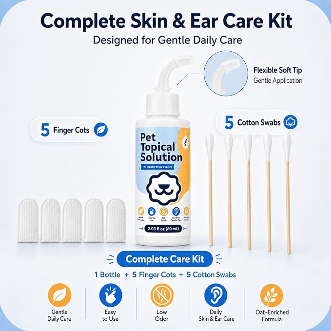 Rabbit Ear & Skin Care Solution with Soft Applicator, 2.03 fl oz | Oat & honey formula with finger wipes and cotton swabs for rabbits, guinea pigs, hamsters & chinchillas