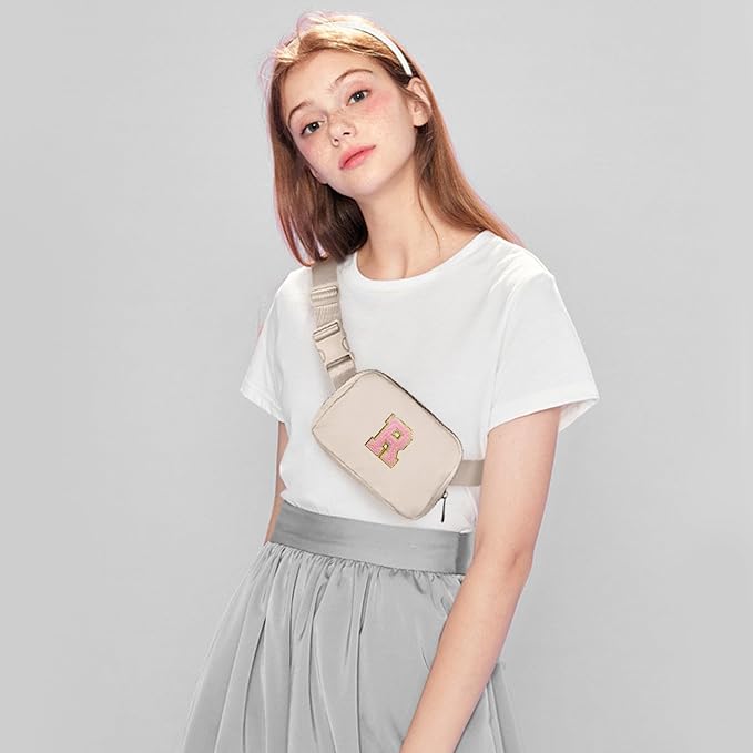 Gitus Belt Bag Fanny Pack Crossbody Bags with Initial Letter Patch Cute Stuff Birthday Gifts for Teenager Girls Trendy Preppy Stuff for Teen Girls(Beige-R)