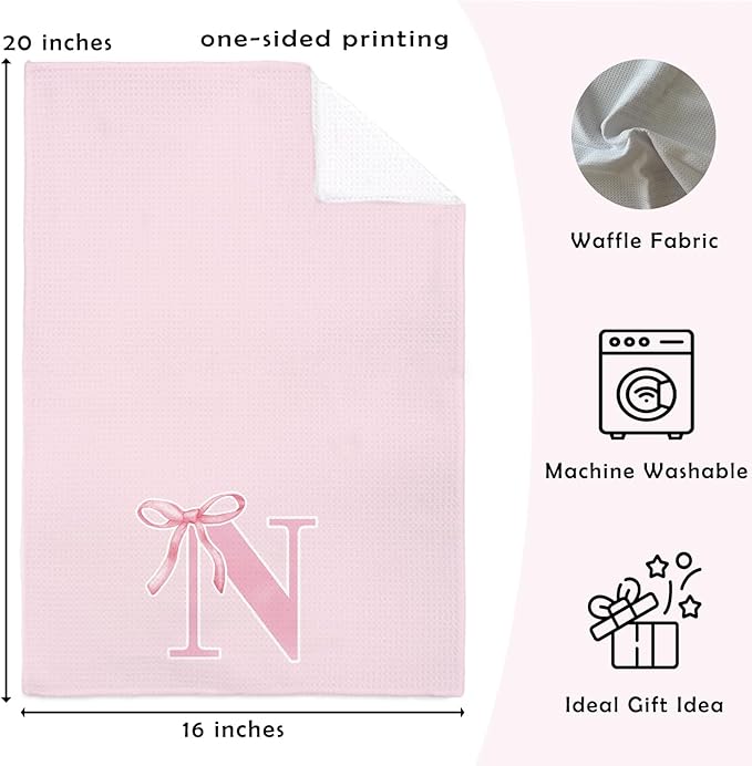 Monogrammed Initial N Hand Towels for Bathroom, Personalized Gifts for Women Girls Birthday Christmas, Coquette Preppy Pink Bows Waffle Kitchen Dish Tea Towels with Initial, 16x24 Inch