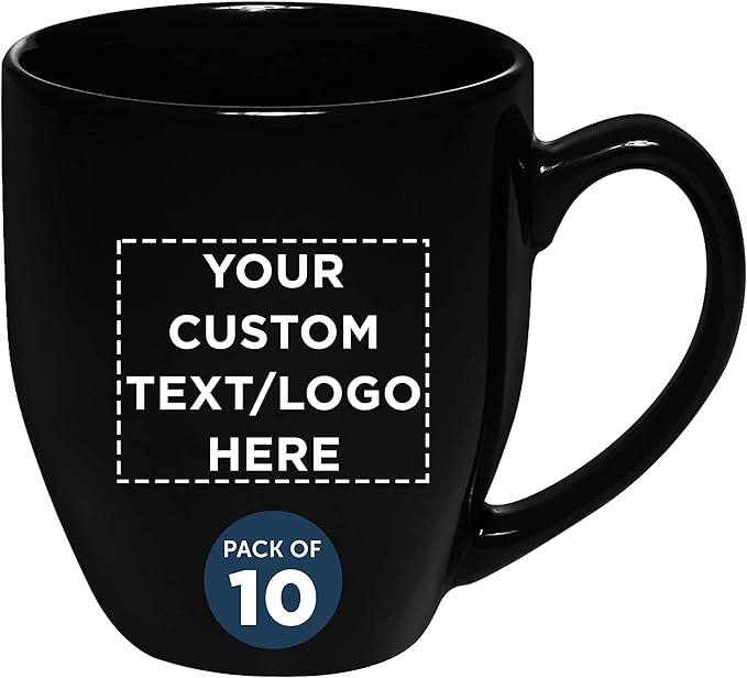 Custom Large Coffee Cups 16 oz. Set of 10, Personalized Bulk Pack - Perfect for Tea, Espresso, Cappuccino, Hot Cocoa - Black