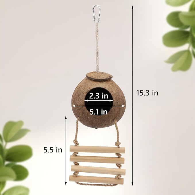 Hypeety Pet Bird Breeding Nest Natural Coconut Bird Hideout Hut for Cage | Natural coconut shell, for sleeping/breeding, easy to hang, for parakeets/cockatiels/finches/hamster, with wooden ladder/hook
