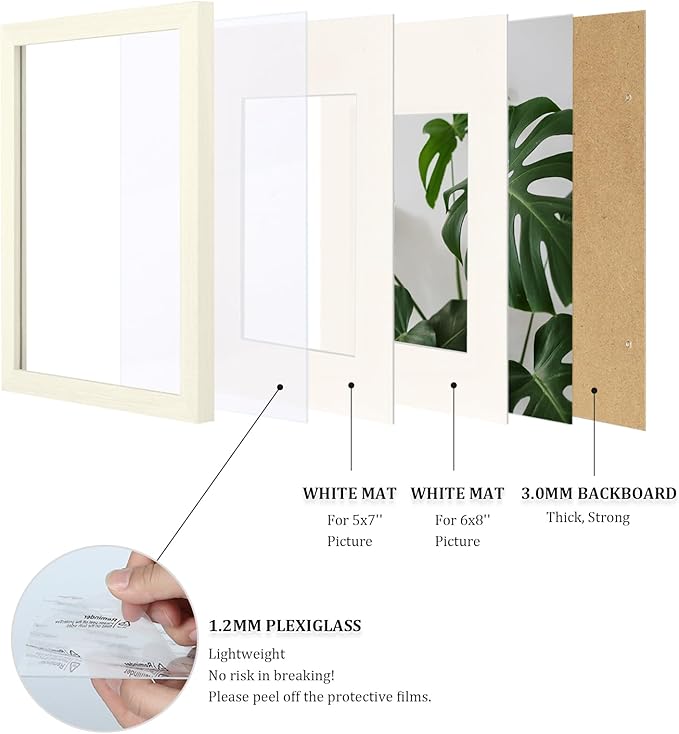Egofine 8x12 Picture Frames Set of 4, Made of Solid Wood Covered by Plexiglass 5x7 and 6x8 with Mat or 8x12 without Mat, for Table Top Display and Wall Mounting Photo Frame Beige