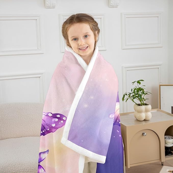 Feelyou Girls Purple Fleece Throw Blanket Queen 90"x90" Kids Watercolor Butterfly Sherpa Blanket Plush Fuzzy for Bed Couch Chair Living Room, Cute Dreamy Bed Blanket Room Decor