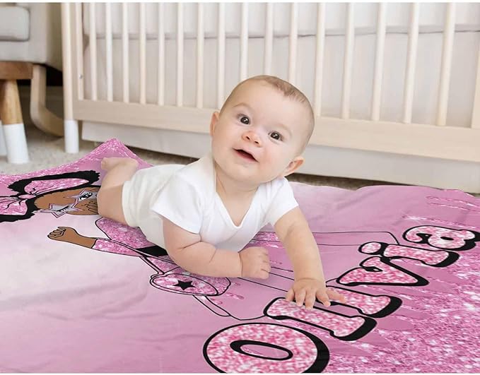 D-Story Custom Blanket Personalized with Name Text, Customized Flannel Throws Blankets Black Girl Blanket for Newborn, Toddler on Baby Birthday