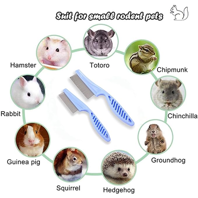 2PC Hamster Grooming Comb - Stainless Stell Face Flea Comb Fine Tooth Tear Stain Remover Removes Crust, Mucus, Stains, Face Brush for Chinchillas, Ferrets, Guinea Pigs, Rabbits (Blue)