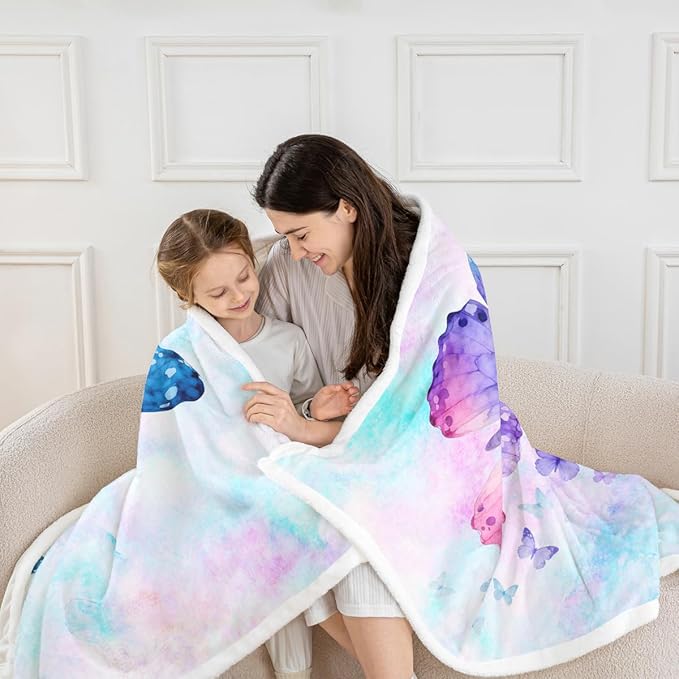 Feelyou Butterfly Fleece Throw Blanket 40"x50" Kids Purple Blue Watercolor Sherpa Blanket Plush Fuzzy for Bed Couch Chair Living Room, Butterflies Lover Bed Blanket Chic Room Decor