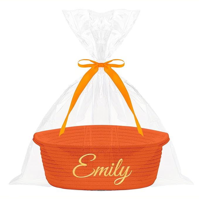 HUTARIO Personalized Woven Halloween Boo Basket Embroidered Name with Gift Bags and Ribbons,Empty Small Rope Basket，Durable Storage Custom Orange Basket with Handles for Baby Showers or Christmas