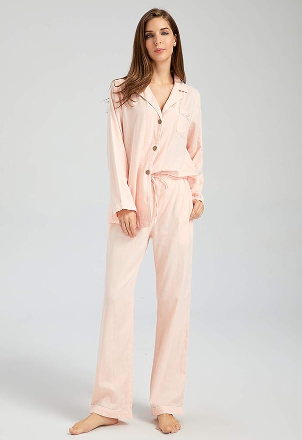 Womens Pajama Sets 100% Double Gauze Cotton Linen Like Muslin Pajamas Long Sleeve Button Down Sleepwear Soft Pjs Lounge Set