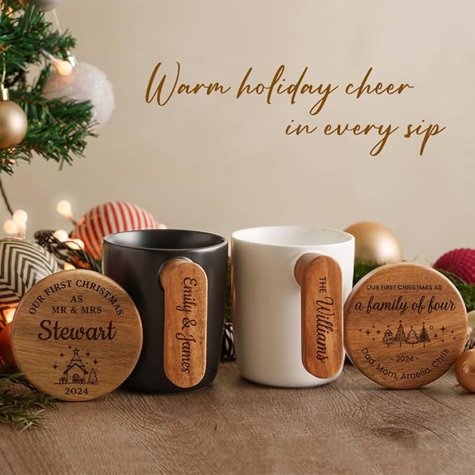 Engraved Ceramic Coffee Mug with Acacia Wood Handle & Lid, 12 oz Personalized Cup for Hot and Cold Drinks, Unique Gift with Stylish Packaging - Black