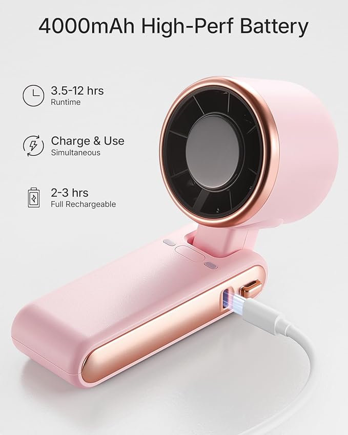 Portable Handheld Turbo Fan - 5 Gear High Speed 4000mAh Rechargeable Mini Personal Hand Fan Blow Cold Air, Battery Operated Travel Essentials, Beach Vacation, Gifts for Women, Men (Pink)