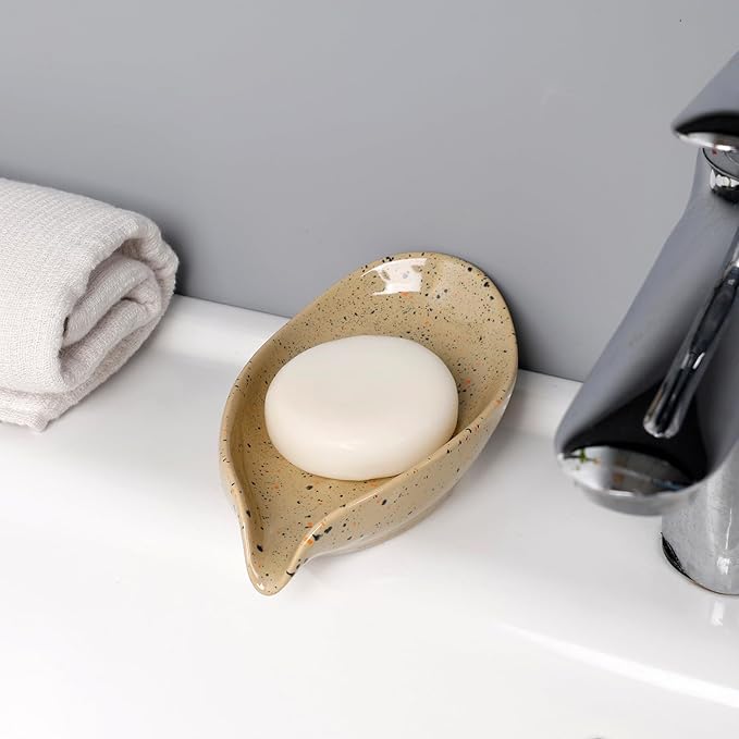 Soap Holder, Self Draining Soap Dish, Leaf Shape Bar Soap Holder Ceramic Drain Soap Dishes for Bathroom Sink Shower Kitchen, Easy to Clean Keeps Soap Dry, ANTIS'S HOME
