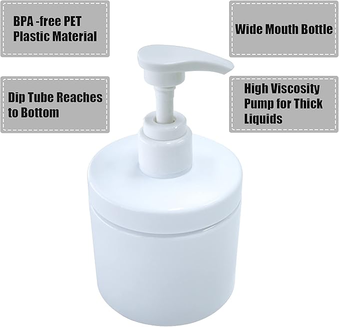 Cosywell Pump Bottle Dispenser Plastic Pump Bottles Refillable Bottles Wide Mouth Jar Style Empty Pump Bottles Bathroom Shower Containers for Lotion Shampoo Conditioner (White, 2X 500ml)