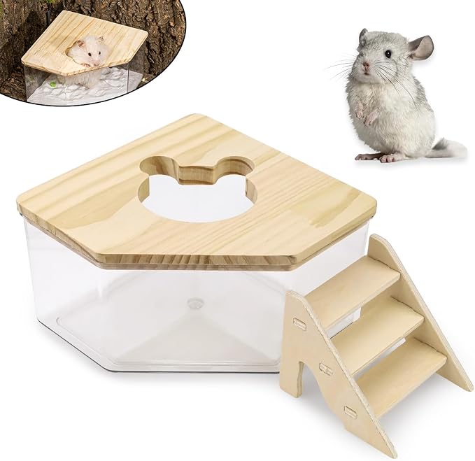 ASTIMESA Plastic Hamster Sand Bath Container with Ladder, Clear Hamster Litter Box Tub Wood Cover for Chinchilla Pet Gerbil Guinea Pig Digging Small Animal House Pentagon