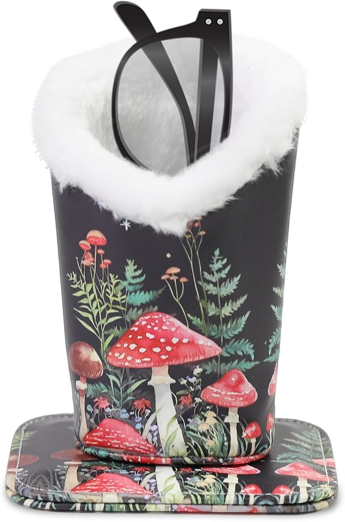 Plush Lined Eyeglasses Holder, Cute Magnetic PU Leather Glasses Stand Case for Women Men Kids