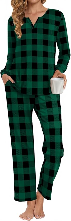 Anyally Women's Plus Size Pajama Sets Ladies Fall Pjs 2 Pieces Lounge Outfits V Neck Long Sleeves Sleepwear with Pockets